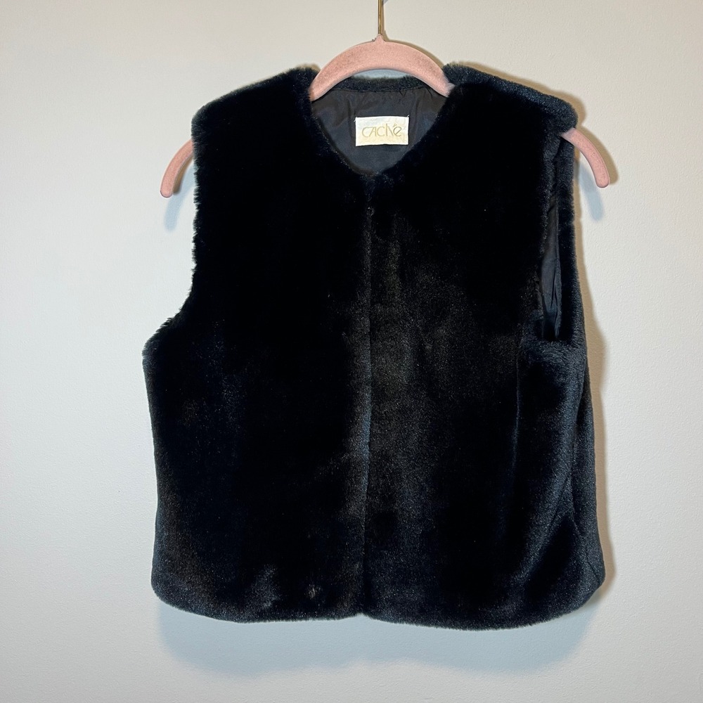 Cache Vintage Black Faux Fur Vest Sleeveless Full Zip Made in USA Women's Medium